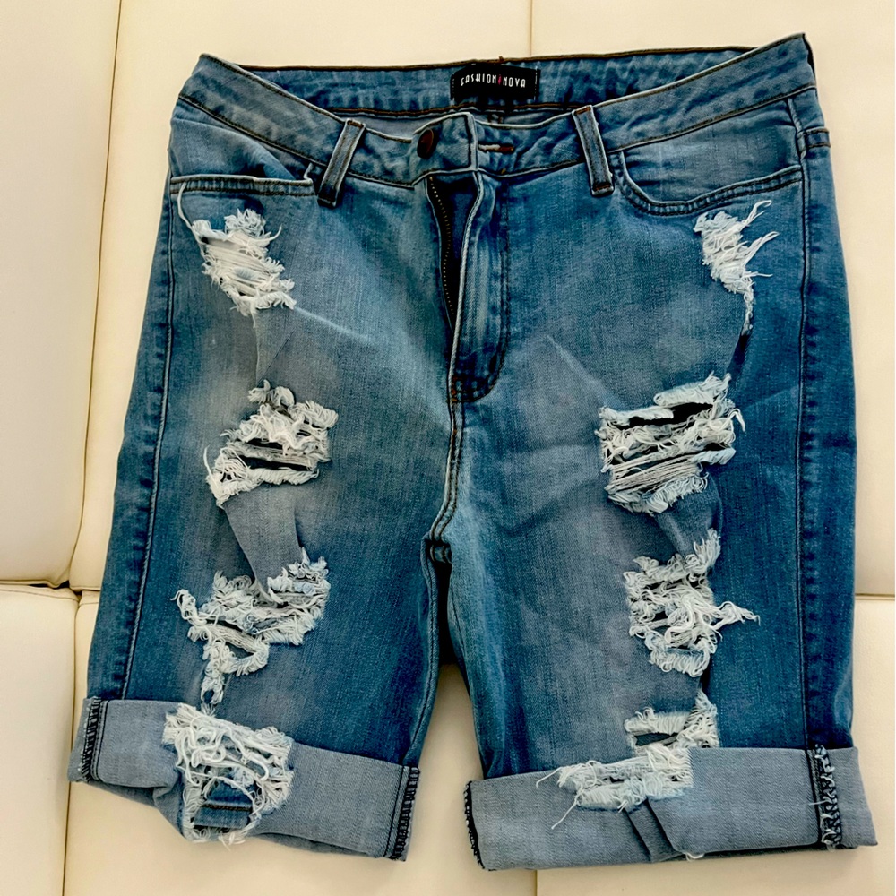 Cuffed Denim Bermuda Distressed Shorts